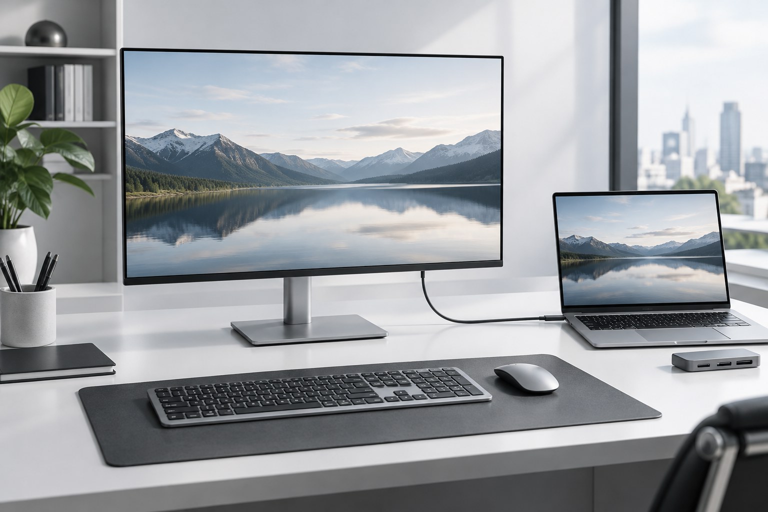 USB-Cハブ機能を使ったデスク環境の説明用イメージ。Dell製品の実物写真ではありません。