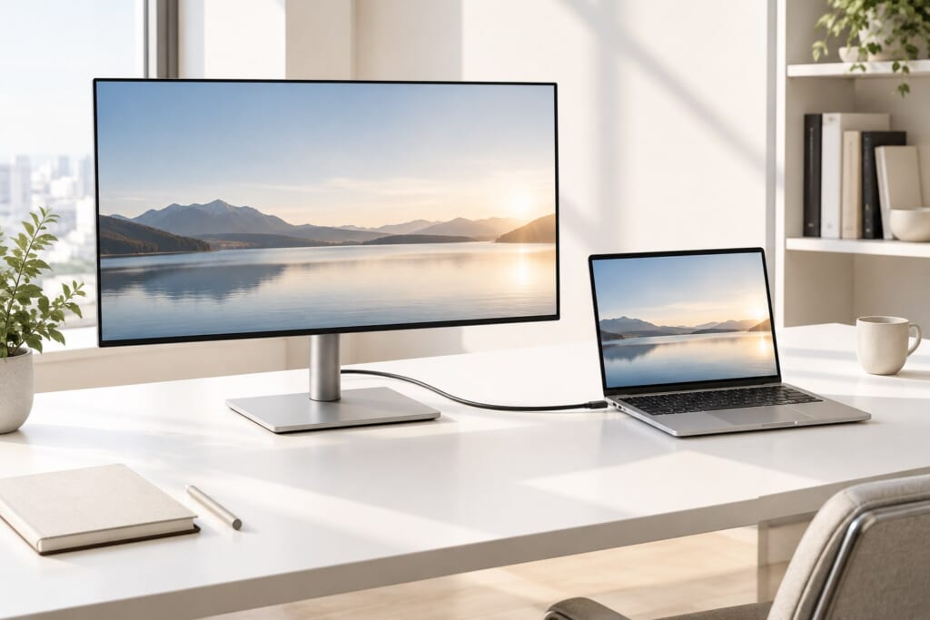 シンプルなデスクに置かれた27インチのモニターとノートPCのイメージ画像。特定機種を示す写真ではありません。