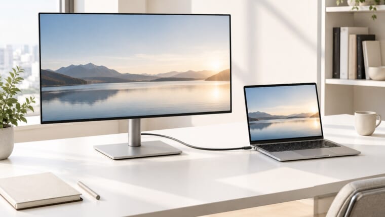 シンプルなデスクに置かれた27インチのモニターとノートPCのイメージ画像。特定機種を示す写真ではありません。